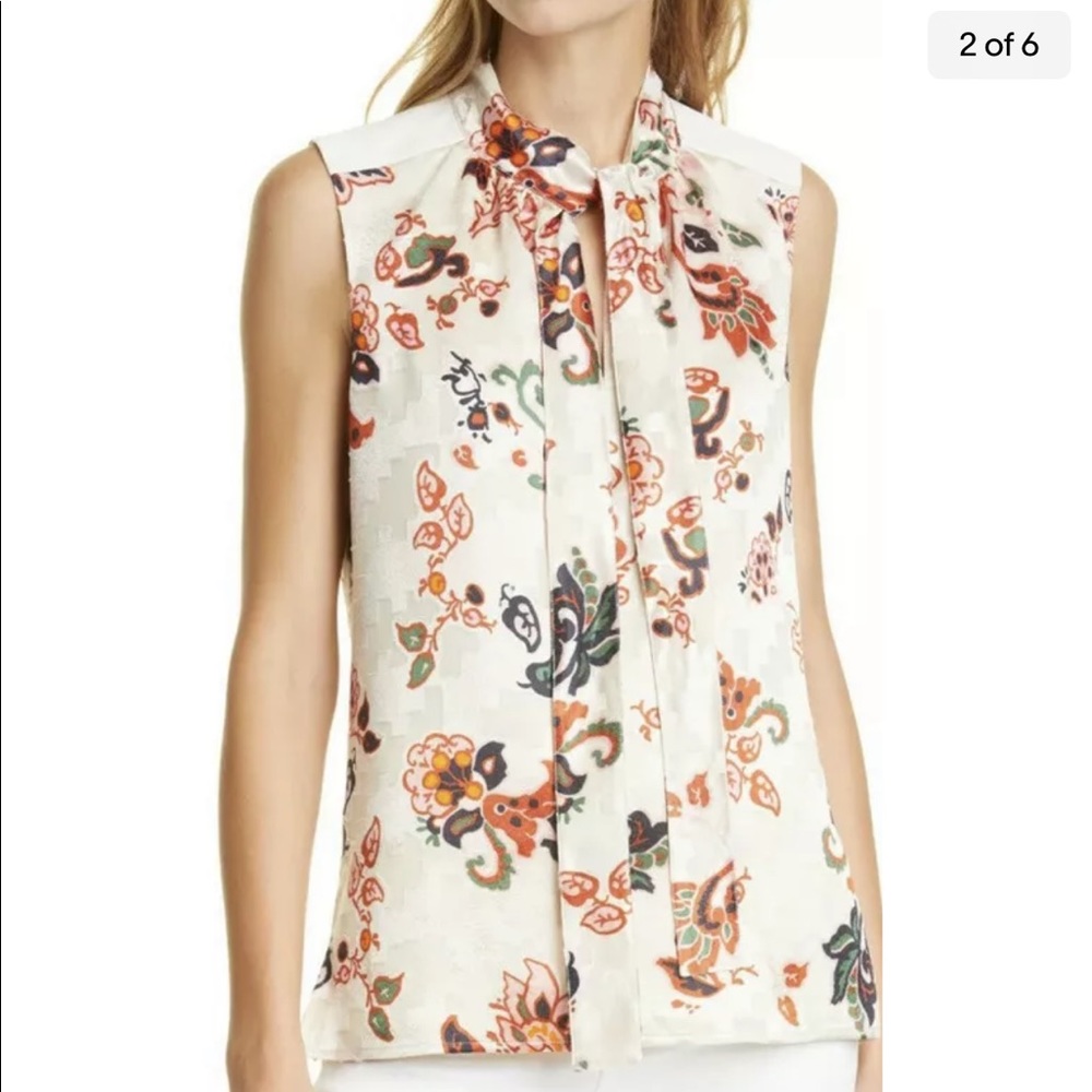 NWT Tory Burch Paisley Print Burnout Tie Neck Top, Size 14 MSRP $348